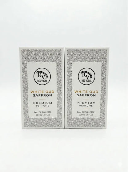 Two boxes of Revoca White Oud Saffron perfume on a white background 
Red Vocal White Oud Saffron Premium Perfume Eau De Toilette 50ml – Luxury Fragrance For Unisex Set of 2