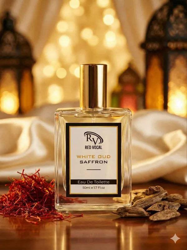 Perfume bottle labeled 'Red Vocal White Oud Saffron' with saffron threads on a warm-toned background 
Red Vocal White Oud Saffron Premium Perfume Eau De Toilette 50ml – Luxury Fragrance For Unisex Set of 2