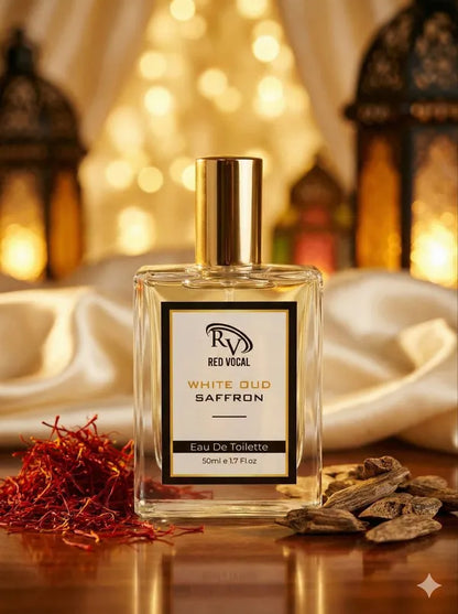 Perfume bottle labeled 'Red Vocal White Oud Saffron' with saffron threads on a warm-toned background 
Red Vocal White Oud Saffron Premium Perfume Eau De Toilette 50ml – Luxury Fragrance For Unisex Set of 2