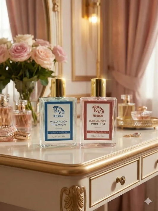 Two perfume bottles on a vanity with decorative elementsBuy Red Vocal Wild Rock &amp; Floral Romance perfume combo 2x100ml. A bold men’s scent and elegant women’s fragrance. Long-lasting EDT, 100% original.seashells.