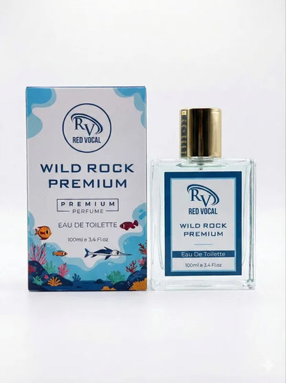 Perfume bottle and packaging of 'Wild Rock Premium' by Red Vocal on a white background Red Vocal Wild Rock Premium Perfume Eau De Toilette for Men – 100ml Bold, Fresh & Long-Lasting Fragrance