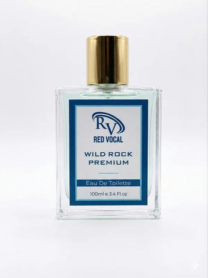 Perfume bottle labeled 'Red Vocal Wild Rock Premium' on a white  Red Vocal Wild Rock Premium Perfume Eau De Toilette for Men – 100ml Bold, Fresh & Long-Lasting Fragrancebackground