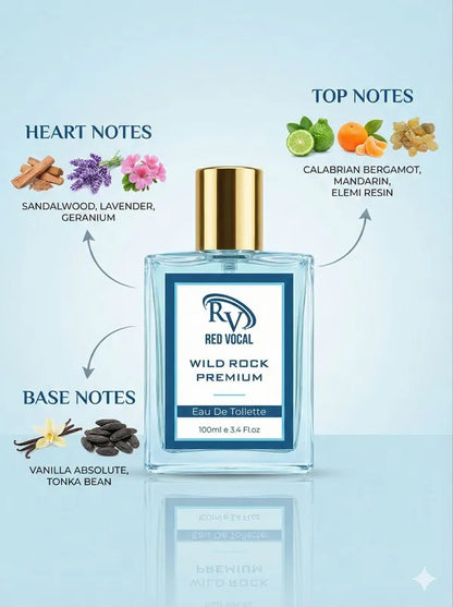 Perfume bottle labeled 'Red Vocal Wild Rock Premium' with notes on a light blue background Red Vocal Wild Rock Premium Perfume Eau De Toilette for Men – 100ml Bold, Fresh & Long-Lasting Fragrance