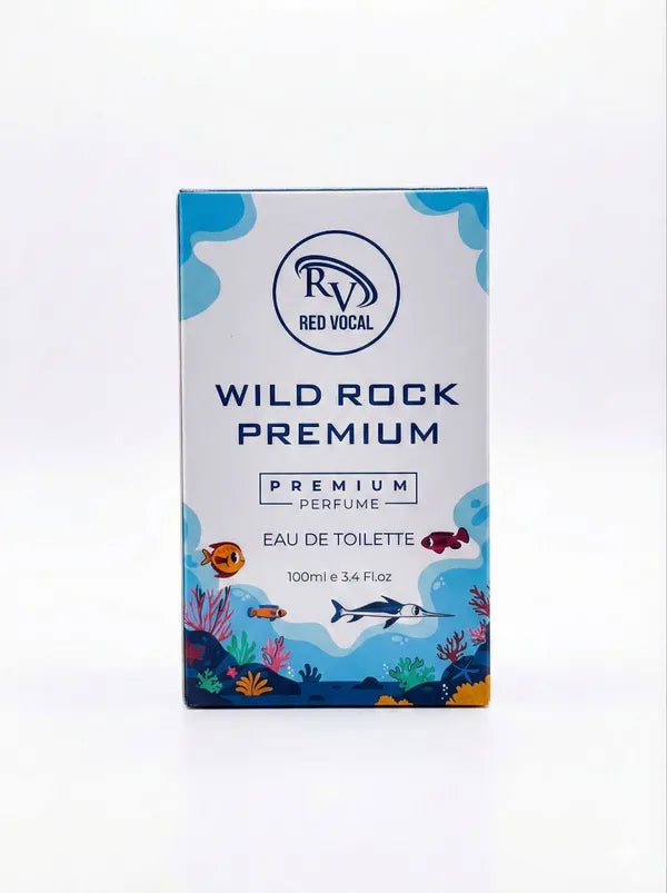 Perfume packaging with 'Wild Rock Premium' branding on a white backgroundRed Vocal Wild Rock Premium Perfume Eau De Toilette for Men – 100ml Bold, Fresh & Long-Lasting Fragrance