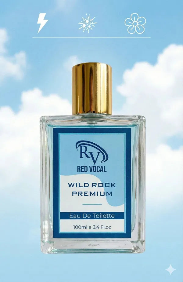 Red Vocal Wild Rock Premium Eau De Toilette bottle with a blue label against a cloudy sky background Red Vocal Wild Rock Premium Perfume Eau De Toilette for Men – 100ml Bold, Fresh & Long-Lasting Fragrance