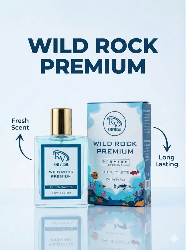 Wild Rock Premium perfume bottle and packaging on a light blue  Red Vocal Wild Rock Premium Perfume Eau De Toilette for Men – 100ml Bold, Fresh & Long-Lasting Fragrancebackground