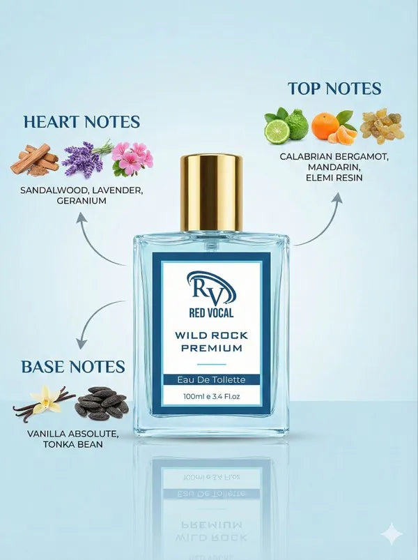 Perfume bottle labeled 'Red Vocal Wild Rock Premium' with notes on a light blue background 
Red Vocal Wild Rock Premium Perfume Eau De Toilette for Men – 100ml Bold, Fresh & Long-Lasting Set of 2 Fragrance