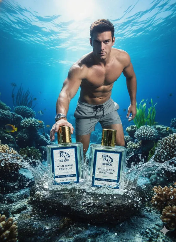 Man holding two bottles of Wild Peach Premium Blend perfume underwater with coral reef background 
Red Vocal Wild Rock Premium Perfume Eau De Toilette for Men – 100ml Bold, Fresh & Long-Lasting Set of 2 Fragrance