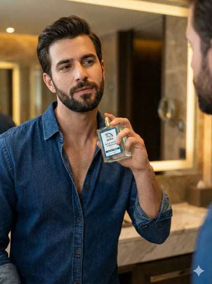 Man holding a bottle of cologne in front of a mirror 
Red Vocal Wild Rock Premium Perfume Eau De Toilette for Men – 100ml Bold, Fresh & Long-Lasting Set of 2 Fragrance