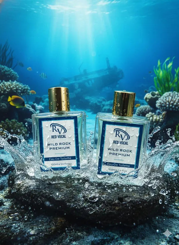 Two bottles of Red Vocal Wild Rock Premium perfume under water with coral and fish. 
Red Vocal Wild Rock Premium Perfume Eau De Toilette for Men – 100ml Bold, Fresh & Long-Lasting Set of 2 Fragrance