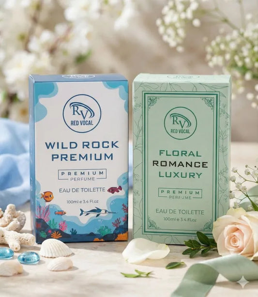 Two perfume boxes from Red Vocal on a decorative background with flowers and seashells.