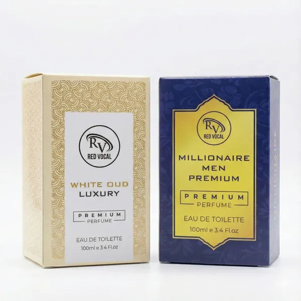 Two perfume boxes from Red Vocal on a white background