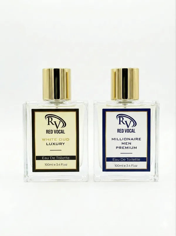 Two bottles of Red Vocal men's cologne on a white background