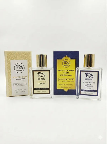 Collection of Red Vanilla men's perfume bottles and packaging on a white background