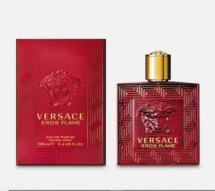 Versace Eros Flame perfume bottle and packaging on a white background