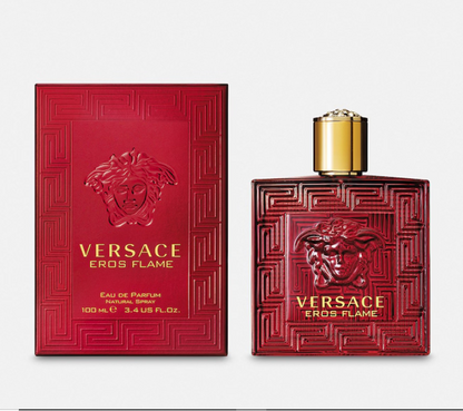 Versace Eros Flame perfume bottle and packaging on a white background