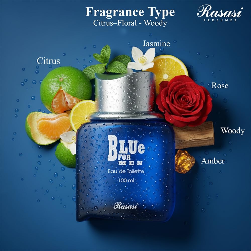 Rasasi Blue for Men Eau De Parfum 100ml – Long-Lasting Fresh Woody Aromatic Designer Perfume