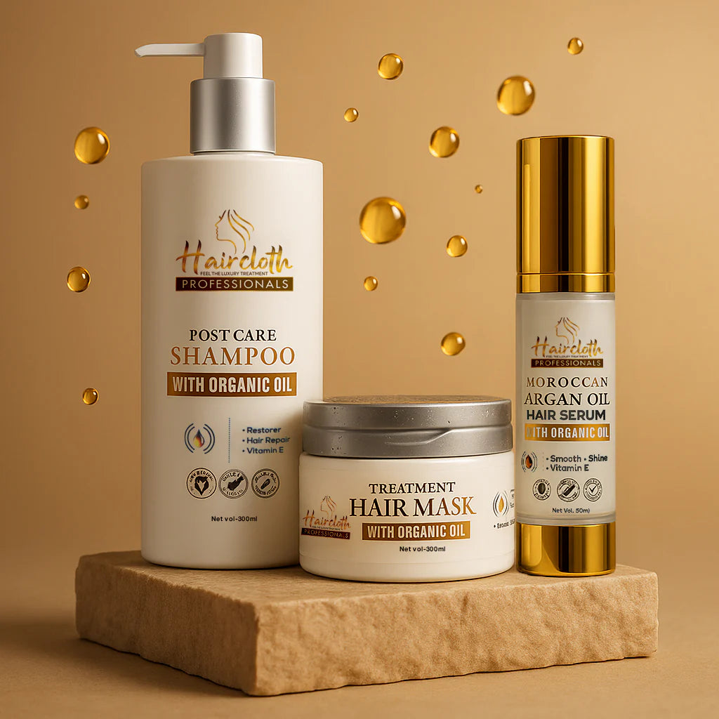 Haircloth Professional Retail Kit Combo Post Care Shampoo 300ML Treatment Mask 300ML Argan Oil Serum 50ML Keratin Biotin Hair Strengthening Anti Frizz Repair Set