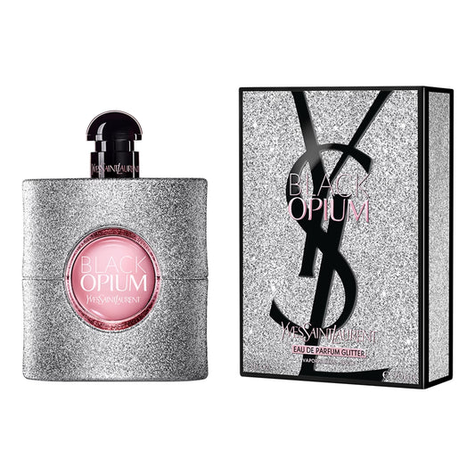 Yves Saint Laurent Black Opium perfume bottle and packaging on a white background Yves Saint Laurent Black Opium Eau de Parfum Glitter 90 ml (3 fl.oz)