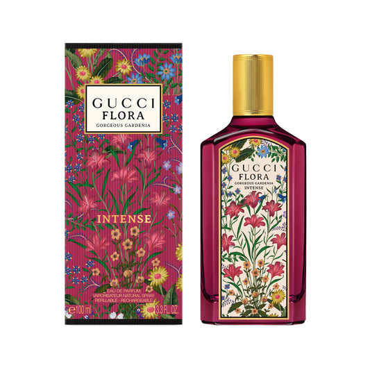 Gucci Flora perfume bottle and packaging with floral design on a white background Gucci Flora Gorgeous Gardenia Eau de Parfum Intense 100 ml (3.4 fl.oz)