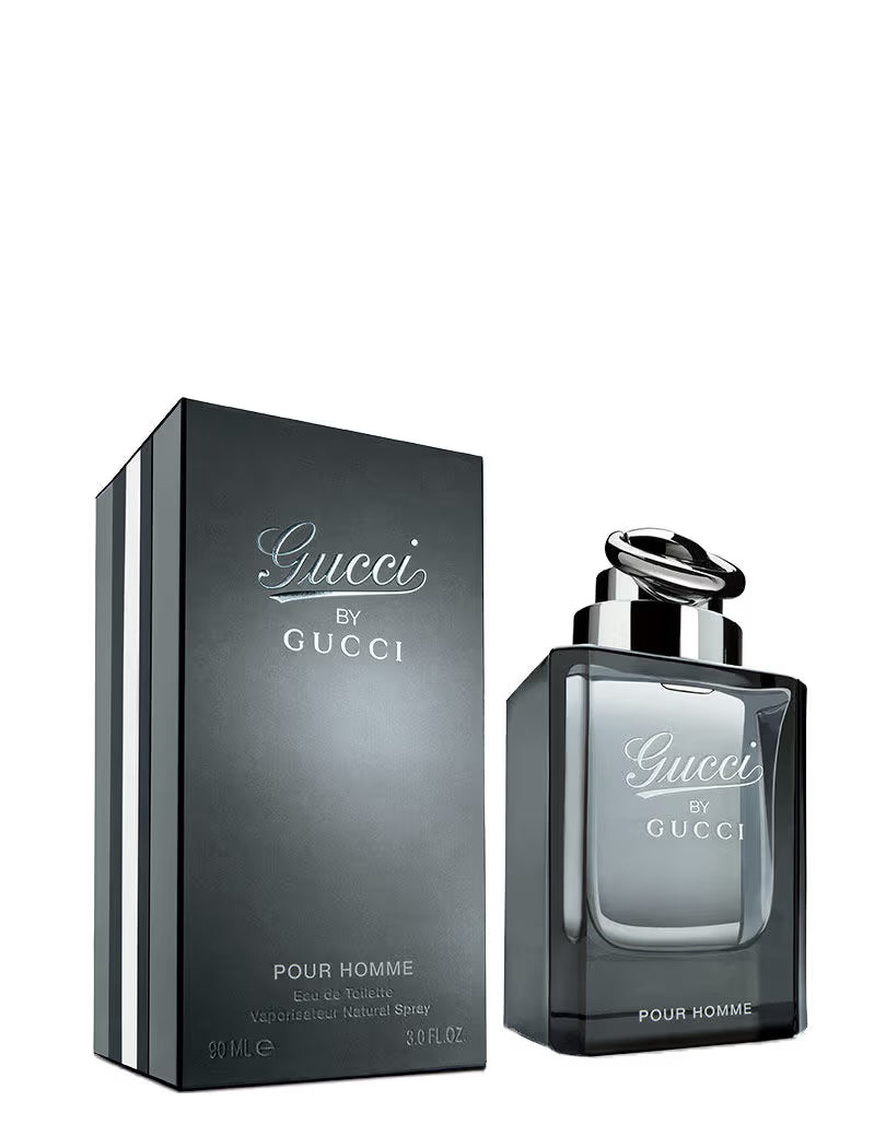 Gucci Pour Homme perfume bottle and packaging on a white background Gucci by Gucci Pour Homme Eau de Toilette 90 ml (3 fl.oz)