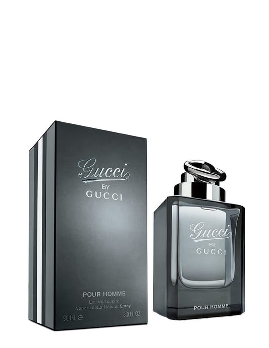 Gucci Pour Homme perfume bottle and packaging on a white background Gucci by Gucci Pour Homme Eau de Toilette 90 ml (3 fl.oz)