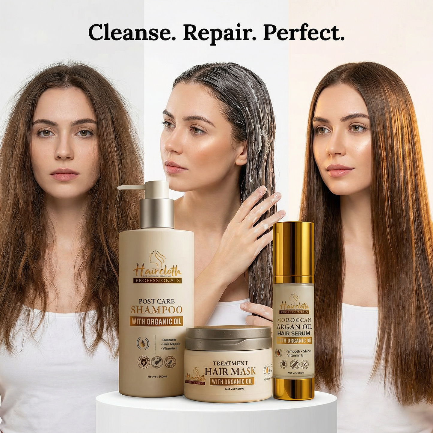 Haircloth Professional Retail Kit Combo Post Care Shampoo 300ML Treatment Mask 300ML Argan Oil Serum 50ML Keratin Biotin Hair Strengthening Anti Frizz Repair Set