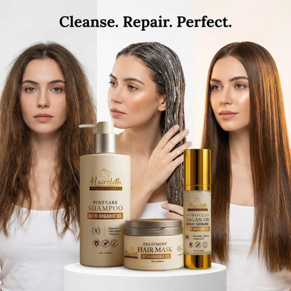 Haircloth Professional Retail Kit Combo Post Care Shampoo 300ML Treatment Mask 300ML Argan Oil Serum 50ML Keratin Biotin Hair Strengthening Anti Frizz Repair Set