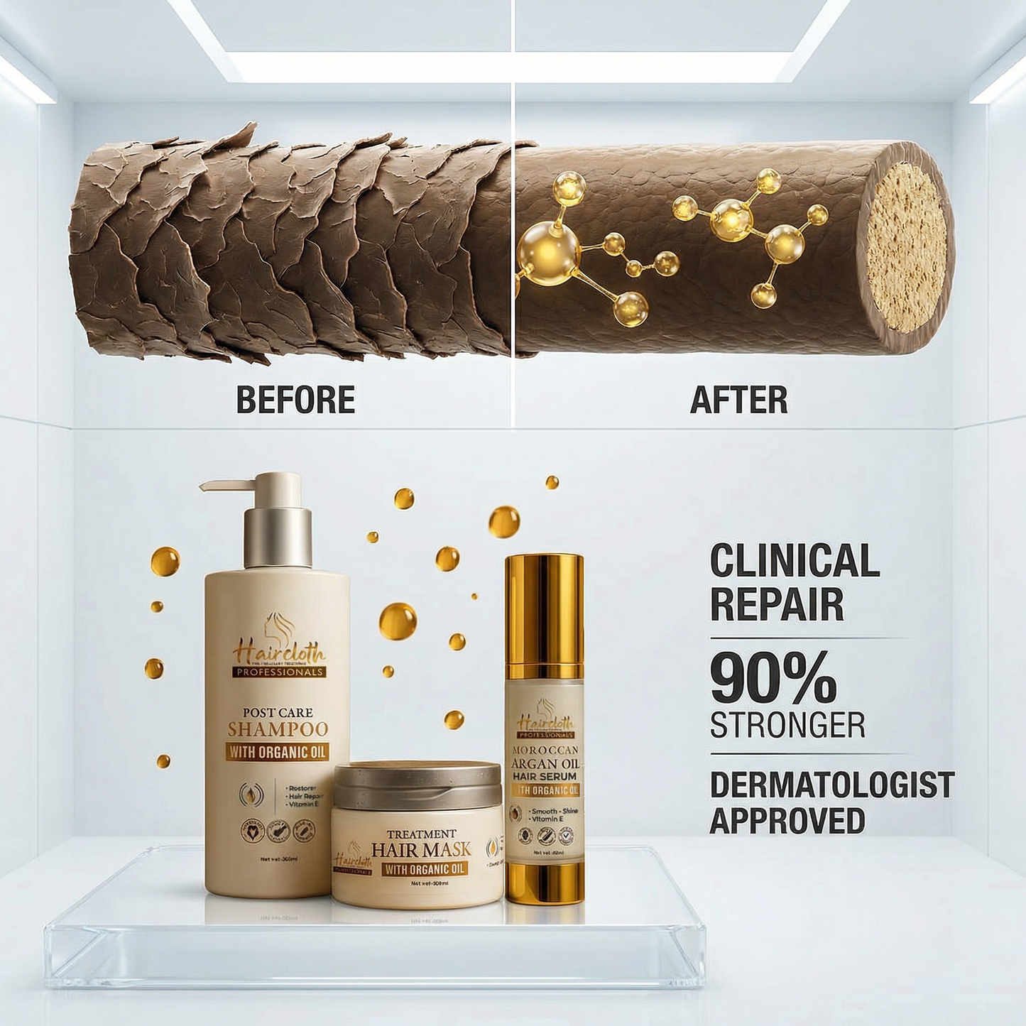 Haircloth Professional Retail Kit Combo Post Care Shampoo 300ML Treatment Mask 300ML Argan Oil Serum 50ML Keratin Biotin Hair Strengthening Anti Frizz Repair Set