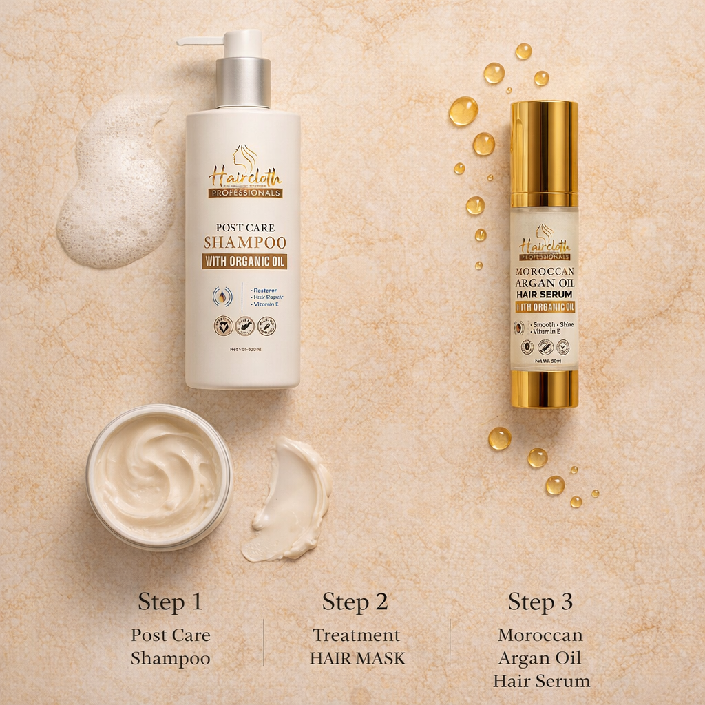 Haircloth Professional Retail Kit Combo Post Care Shampoo 300ML Treatment Mask 300ML Argan Oil Serum 50ML Keratin Biotin Hair Strengthening Anti Frizz Repair Set