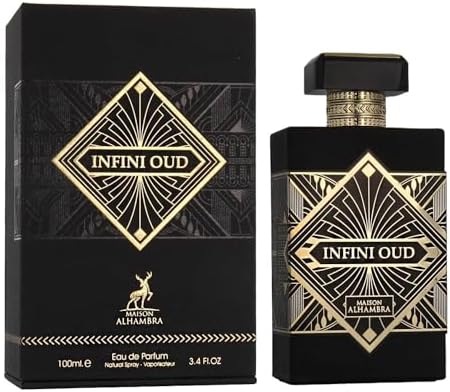 Infini Oud perfume bottle and packaging on a white background