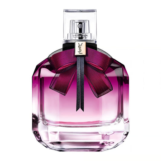 Perfume bottle with a purple ribbon on a white background Yves Saint Laurent Mon Paris Intensement Eau de Parfum 90 ml (3 fl.oz)