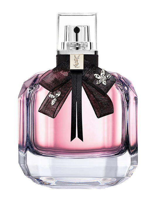 Perfume bottle with a decorative bow on a white background Yves Saint Laurent Mon Paris Parfum Floral Eau de Parfum 90 ml (3 fl.oz)