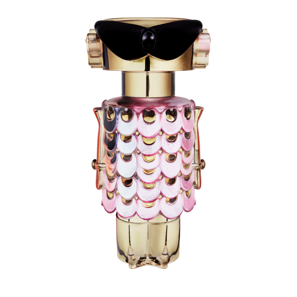 Perfume bottle with decorative cap on a pink background with flowers Paco Rabbane Fame Blooming Pink 80ml