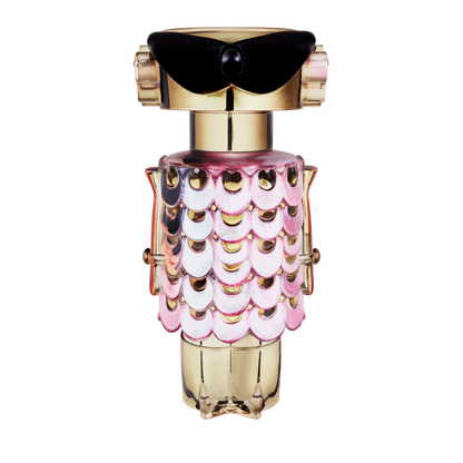 Perfume bottle with decorative cap on a pink background with flowers Paco Rabbane Fame Blooming Pink 80ml